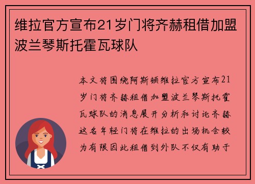 维拉官方宣布21岁门将齐赫租借加盟波兰琴斯托霍瓦球队