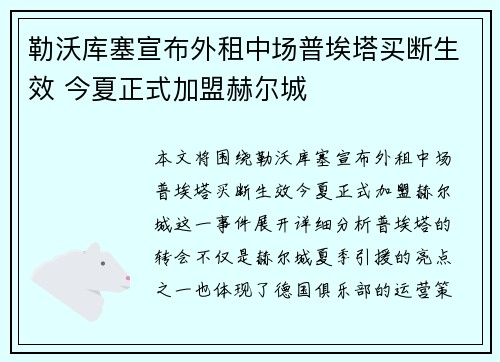 勒沃库塞宣布外租中场普埃塔买断生效 今夏正式加盟赫尔城