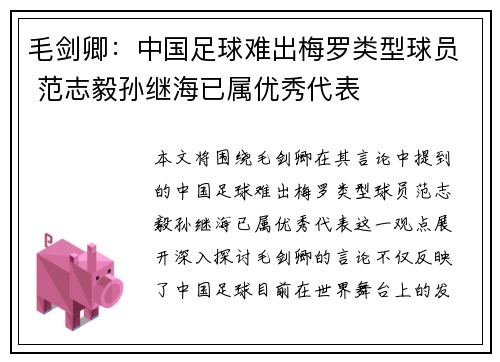 毛剑卿：中国足球难出梅罗类型球员 范志毅孙继海已属优秀代表